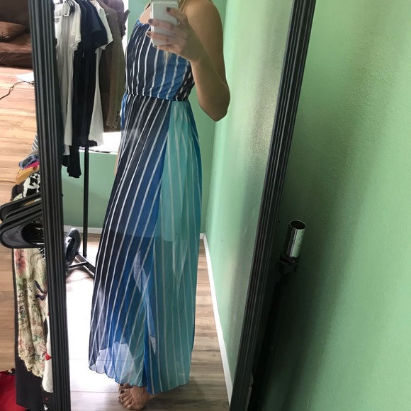 Pin Striped Maxi Dress in Blue w/ spaghetti straps - Picture 3 of 8
